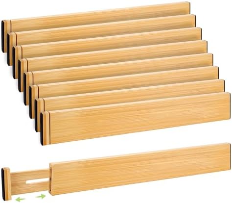Fyvva Drawer Organizer, Spring-Loaded Expandable Bamboo Dividers 8-Pack