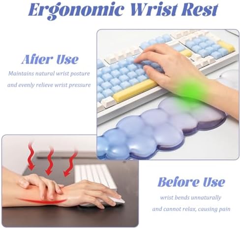 Gel Keyboard Wrist Rest Cloud Set, Clear Ergonomic Wrist Support and Arm Support Keyboard Rest for Typing Pain Relief, with Non-Slip Soft Washable Wrist Rest(Blue White)