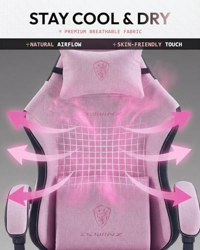 Dowinx Gaming Chair, Fabric Gaming Chairs for Adults with Pocket Spring Cushions and Lumbar Support, Ergonomic Massage Computer Chair with Footrest for Big and Tall, Pink
