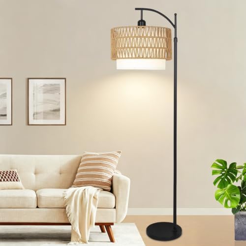 ZECOXOL Arc Floor Lamp for Living Room Boho Floor Lamps with Remote Control & with 3 Color Temperatures,Rattan Wicker Standing Lamp Dimmable Tall Floor Lamp for Bedroom Living Room Corner