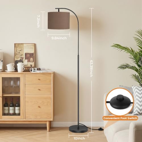 SIBRILLE Floor Lamp with Linen Shade, Arc Dimmable Tall Standing Lamp with Remote Control, Modern Floor Reading Light for Living Room Bedroom Office Corner, 9W LED Bulb Included
