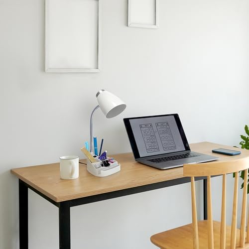 Simple Designs LD1067-WHT Compartmental Desk Lamp with iPhone/iPad/Tablet Stand, Bendable Gooseneck, for Office, Living Room, Nightstand, Library, Entryway, White