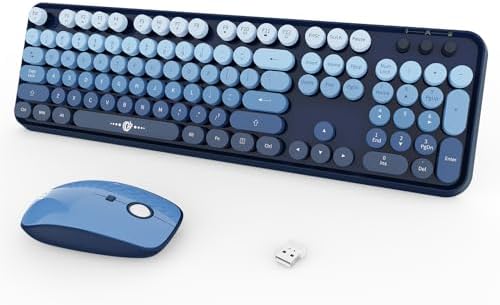 Blue Wireless Keyboard and Mouse Combo,Retro Typewriter Style Bubble Keys