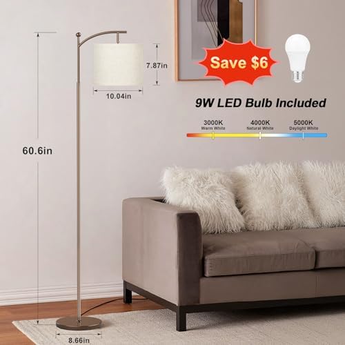 Ambimall 60" Floor Lamp for Living Room with 3 Color Temperatures, Adjustable Beige Shade with Brown Pole, Tall Lamp for Bedroom Office Classroom Dorm Room, 9W Bulb Included