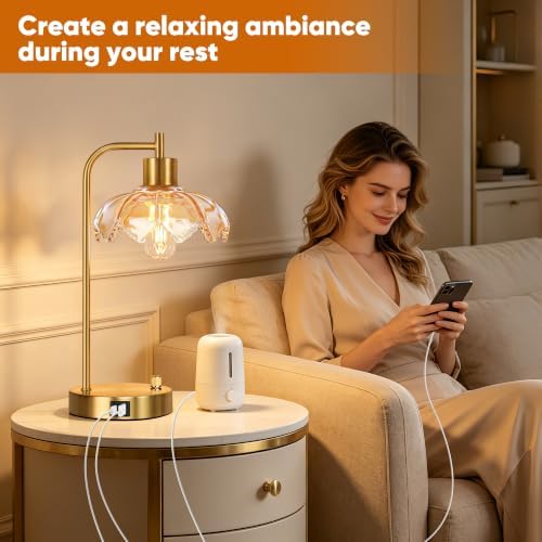 Glass Table Lamps Set of 2, Champagne Dimmable Bedside Lamps for Bedroom