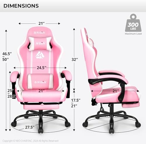 N-GEN GAMING Gaming Chair with Footrest, Lumbar, High-Back, Pink White