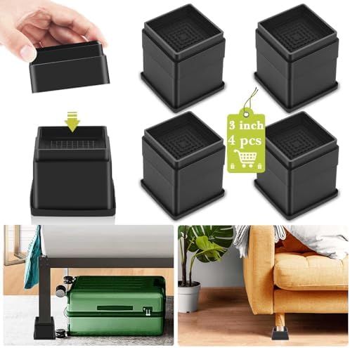 4 Pack Furniture Risers 3 Inch, Adjustable Bed Risers Heavy Duty for Table Desk Couch Chair Sofa Cabinet Bed Frame Dorm, Square Stackable Table Leg Risers Lift Height 1", 2” or 3", Black