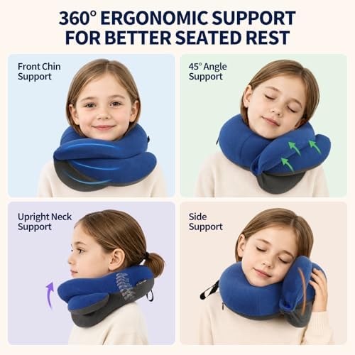 BUYUE Kids Travel Pillows for Airplane, Memory Foam 360° Head Support Sleeping Essentials for Boys Long Flight, Skin-Friendly Soft Neck Pillow for Traveling in Car Seat, (Small, Blue Grey, 40-90 lbs)