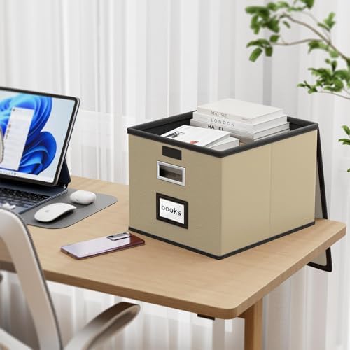 Foldable File Organizer Box with Lids (1 Pack, Khaki, Leather)