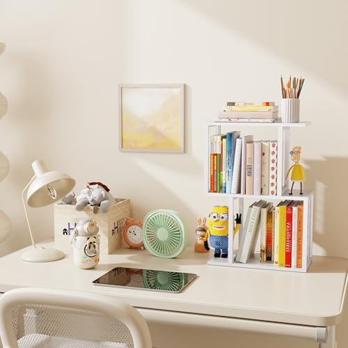 Small Desktop Bookshelf Organizer, White 3-Tier Desk Shelf with Metal Hook Workspace Organizers for Desk Organization and Office Storage Table Bookcase