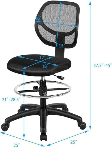 GIANTEX Tall Office Chairs Set of 2, Drafting Chair with Back, Height Adjustable Home Office Chair on Wheels, Ergonomic Computer Standing Desk Chair with Footrest Ring for Bedroom, Black