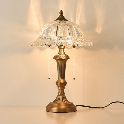 HDDFL Glass Shade Table Lamp Vintage Brass Metal Desk Lamp 2 Lights Table Light with Plug Switch for Bedroom Living Room Home Office