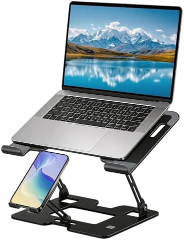 Ergonomic Adjustable 2-in-1 Laptop Stand with Phone Holder, Laptop Riser for Desk, Computer Stand for Laptop, Sturdy and Portable Stand, Compatible with Most Laptops and Phones (Black)