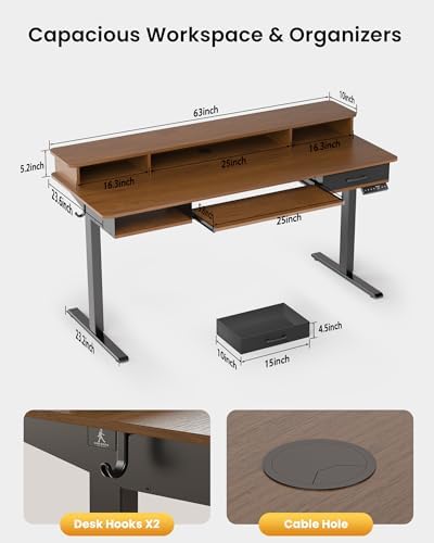 Electric Standing Desk with Keyboard Tray, 63x24 Inches Height Adjustable Stand up Desk with 2 Drawers, Ergonomic Sit to Stand Table with Storage Monitor Stand, Black Walnut