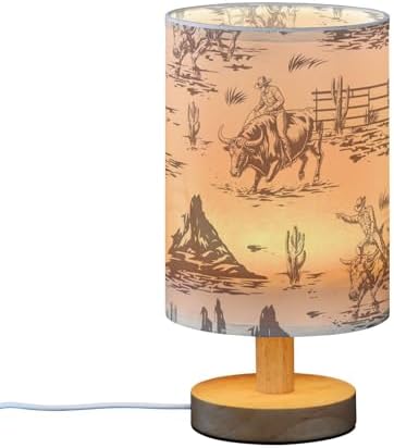 Bedside Lamp West Cactus Cowboy Table Lamp for Bedroom LED Nightstand Lamp Shade USB Ports Wood Base for Living Room Dorm Office
