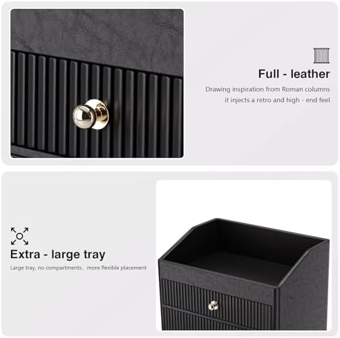 LADSTAG Desk Organizers and Accessories,Black Vegan Leather Desktop Organizer with 3 Drawers & Tray for Bedroom,Bathroom,Lipstick,Nail Polish,Skincare,Perfume,Jewelry Box