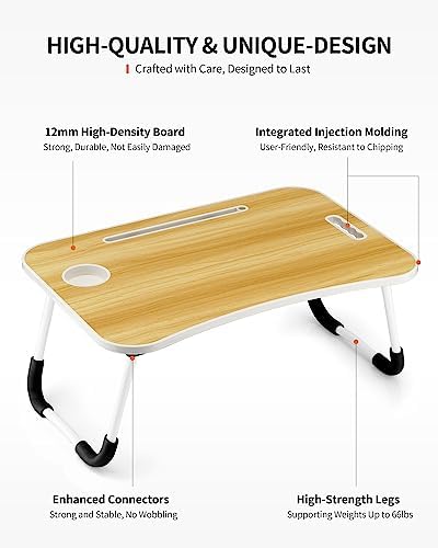 FISYOD Foldable Laptop Table, Portable Lap Desk Bed Table Tray, Laptop Stand with Cup Holder & Tablet Slot & Lifting Handle for Working Writing Drawing & Eating (Wood)