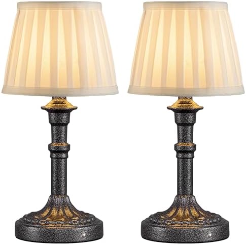 KDG Mottled Silver Cordless Table Lamps Set of 2, Beige Fabric Shade Light