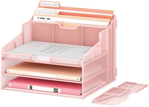 Lavatino Desk Paper File Organizer - Metal Mesh with 2 Letter Trays, 7 Flexible Dividers, 2 Vertical File Folder Holders for Office/Home/Classroom Supplies, Desk Organizers and Accessories, Pink