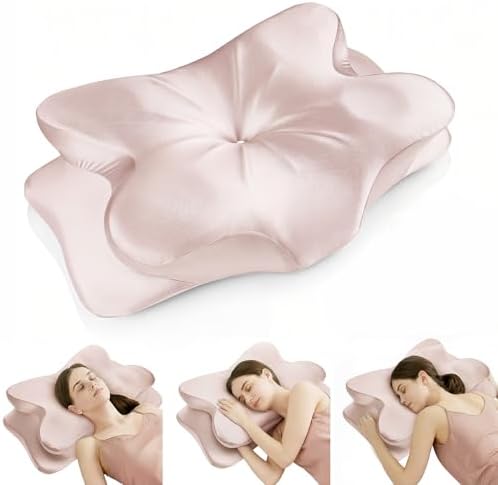 Cervical Neck Pillow for for Neck Support,Ergonomic Memory Foam Contour Pillow with Wrinkle-Resistant Silky Satin Fabric Cover,Orthopedic Bed Pillow for Side,Back,Stomach Sleepers,Pink