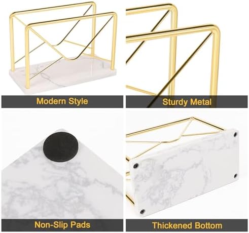 Modern Mail Holder for Home Office, Metal Letter Organizer Sorter for Desk, Cutout Mail Envelope Design, Bill Filling Paper Document Rack, Envelope Storage Rack with Marble Base (Gold)