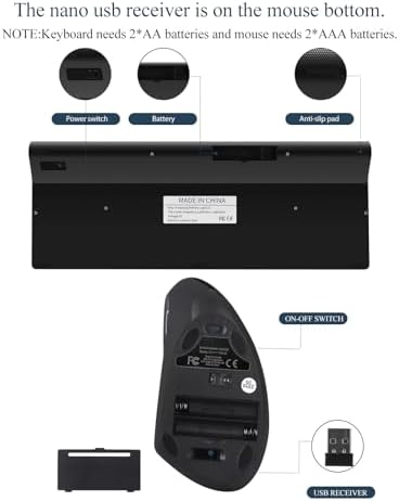 Fonicer Left Handed 2.4GHz Wireless Vertical Ergonomic Mouse and Keyboard Combo Ultra-Thin Portable Size for PC Desktop Computer Laptop Mac Tablet, Black