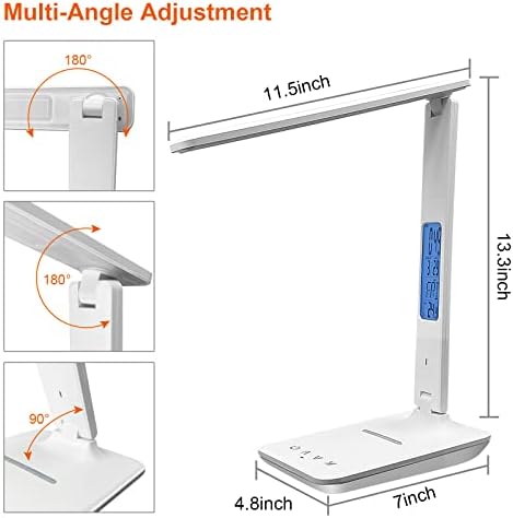 snsok Desk Lamp with Wireless Charger, USB Charging Port, Dimmable Office Desk Light with Clock, Alarm, Date, Temperature, Foldable Lamp for Table Bedroom Bedside Office (White)
