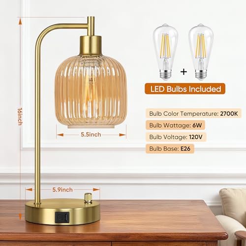 Champagne Glass Table Lamps Set of 2, Dimmable Bedside Lamps for Bedroom