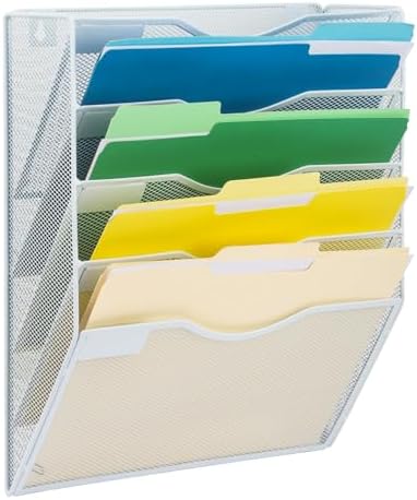 EASEPRES 5 Pocket Mesh Hanging Wall File Organizer, Wall Mounted Mail Paper Document Folder Holder, Clipboard Storage Organization Magazine Rack with Nametag Label for Office Home School, White