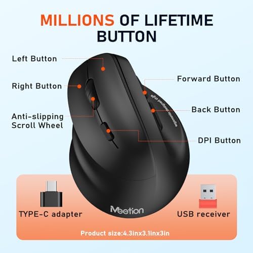 MEETION Left-Handed Ergonomic Mouse, Vertical RGB Design, Black for Left