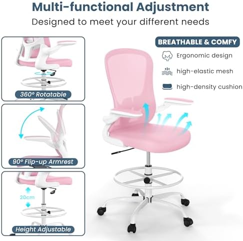 Drafting Chair, Tall Office Chair with Flip-up Armrests Executive Ergonomic Computer Standing Desk Chair, Office Drafting Chair with Lumbar Support and Adjustable Footrest Ring