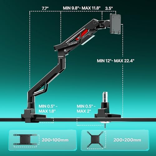 ARES WING Ultrawide Gas Spring Monitor Arm 57"66Lbs VESA Clamp Grommet Base