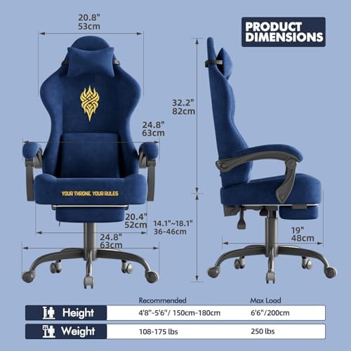 Soontrans Blue Velvet Fabric Gaming Chair with Footrest, Ergonomic Comfortable Video Gamer Chair for Adult, Reclining Office Computer Desk Game Chairs with Massage Lumbar Cushion,Headrest