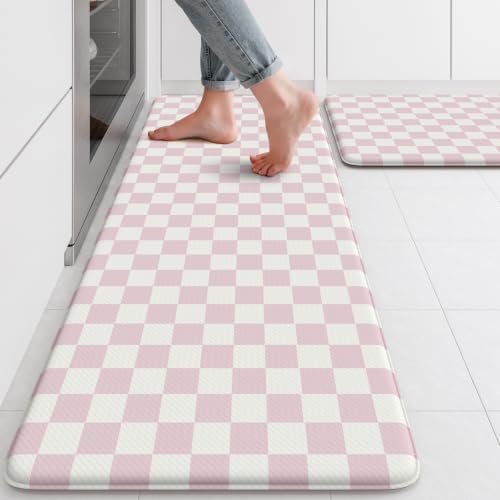 KIMODE Kitchen Anti Fatigue Mats, Light Pink Checkered Home Decor Carpet