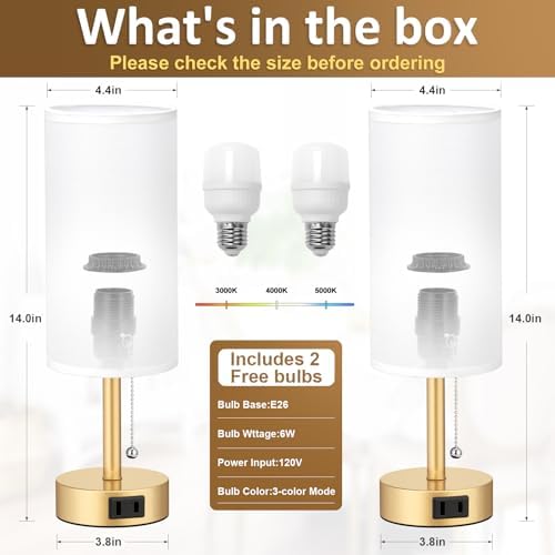 Gold Bedside Table Lamps Set of 2 - Bedroom Lamp for Desk, AC Outlet