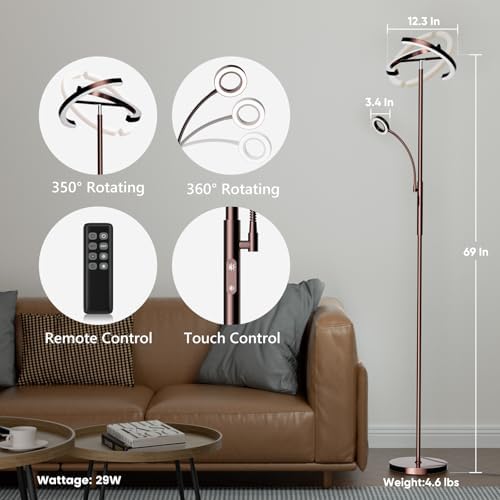 SIBRILLE 2-in-1 Brown LED Floor Lamp - 69" Dimmable Torchiere Standing Lamp with Remote Touch Control, 29W Bright Modern Floor Reading Lamp Pole Light for Living Room Bedroom Office Corner