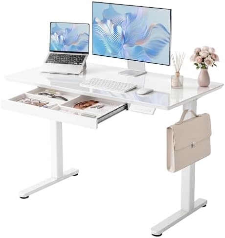 YDN Glass Standing Desk with Drawers 48x24 Inch Super White