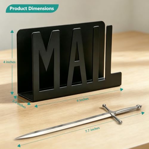 Desk Mail Organizer Holder & Sword Letter Opener Set Cute Modern Office Organizer for Desk Accessories for Women & Men, Reception Countertop Organizer, Home Office Decor（Black）