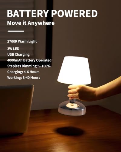 KDG Silver Cordless Small Table Lamp, Portable LED Dimmable Desk Lamp