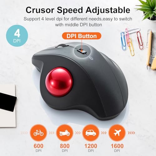 SANWA Bluetooth Trackball Mouse, Wireless Silent Click Roller Ball Mouse, Programmable with Software, 600/800/1200/1600 DPI, Precise Thumb Control, Compatible with Win, Mac, Laptop, PC - Red Ball