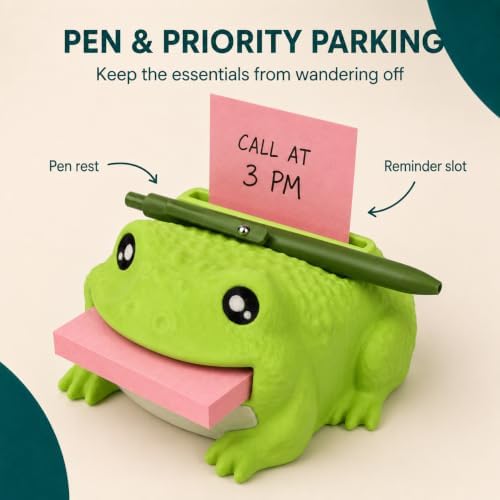 Note Toad - Desk Organizer & Note Holder, 3D Printed Frog Sticky Memo Block Dispenser with Pen Rest, 3 Reusable Stencils and Top Reminder Slot for Office Workspace, Reception Counter and Lover Gift