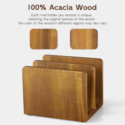 Mail Organizer, Acacia Wood Mail Holder for Desk, Letter Holder with 2 Slots for Countertop, Small Envelope Holder, Desk Organizers and Accessories for Home Office