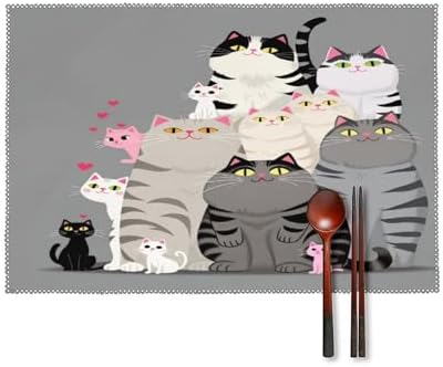 Cute Cats Group Portrait Washable Placemats Set of 4, Durable Heat Resistant Table Mats 17.7 X 11.8 Inch for Dining Table Kitchen Decor Indoor Use