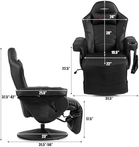 GYMAX Gaming Chair with Footrest, Massage Video Game Chairs for Adults with Remote, Adjustable Backrest, Headrest, Cup Holder & Side Pocket, Ergonomic High Back Office Computer Chair (Black)