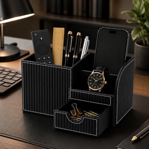 KINGFOM Executive Leather Desk Organizer with Drawer, Modern Black Desk Accessories for Men, Premium Office Desk Organizer with Pen Holder & Storage Compartments for Home Office