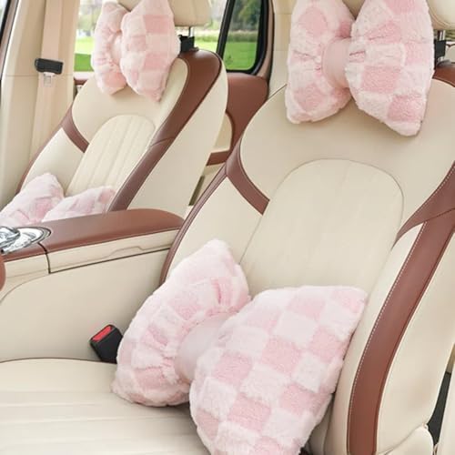 4 Pack Car Neck Pillow and Lumbar Support Cushion Plush Butterfly Knot Headrest Pillow Comfortable Waist Support Cute Car Interior Decor