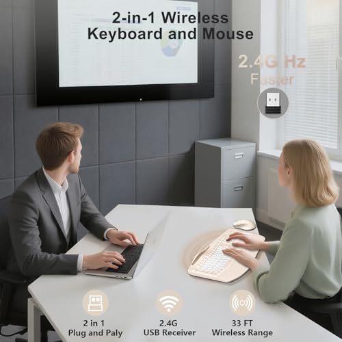 Wireless Keyboard and Mouse Combo, Ergonomic Wave Keys(Milk Tea-B)