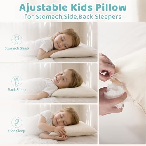 Adjustable Kids Pillow for Ages 4-12 with Organic Cotton Pillowcase