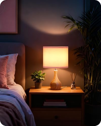 Pink Table Lamp, 14.2" Small Bedside Lamp, Modern Nightstand Lamp with Pink Linen Lampshade & Wood Bottle-Shaped Base, E26 Socket, Cute Desk Lamp for Girl's Room, Bedroom, MP09TL05