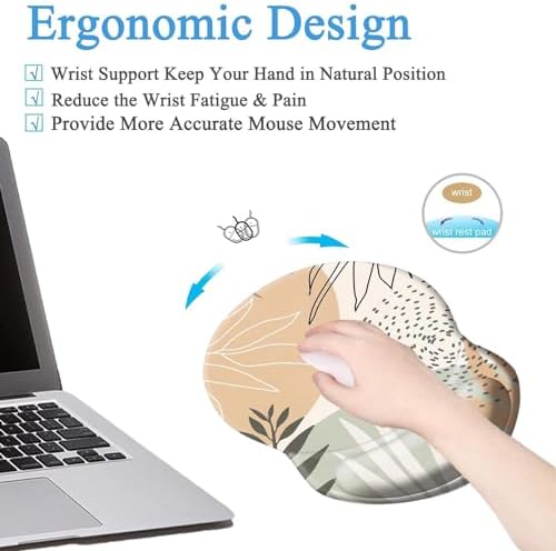 Ergonomic Mouse Pad with Wrist Support, Pain Relief Comfort Wrist Rest Pad with Non-Slip PU Base for Gaming, Home, Office & Travel, Abstract Boho Leaves